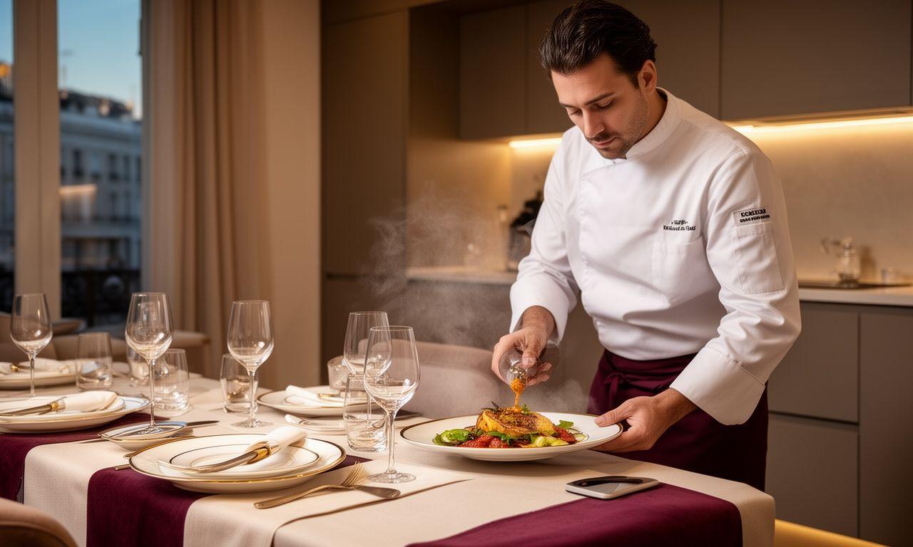 Chef privado preparando un plato gourmet en una cocina elegante para una cena íntima