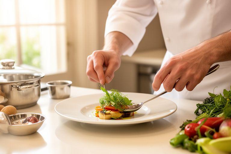 Chef privado emplatando un plato gourmet en una cocina luminosa y elegante
