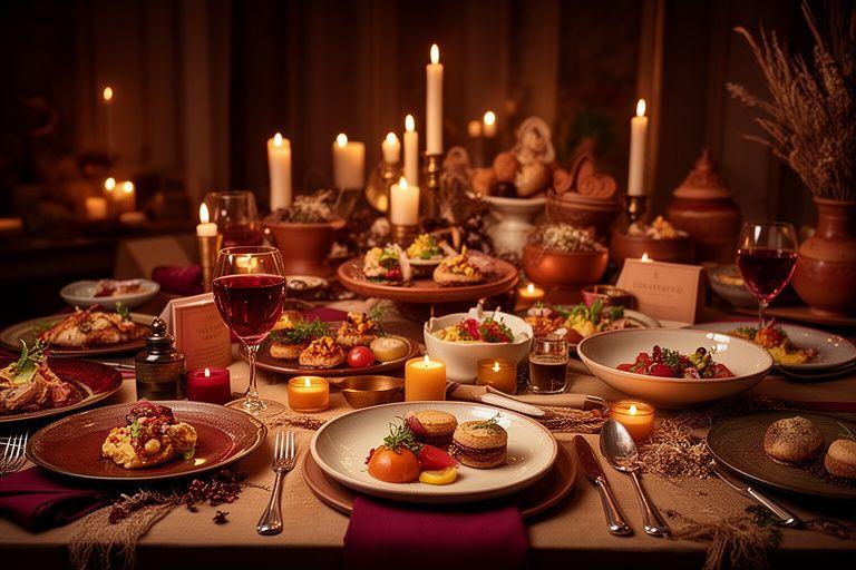 Montaje de catering temático con platos creativos, velas y decoración cálida de ambiente