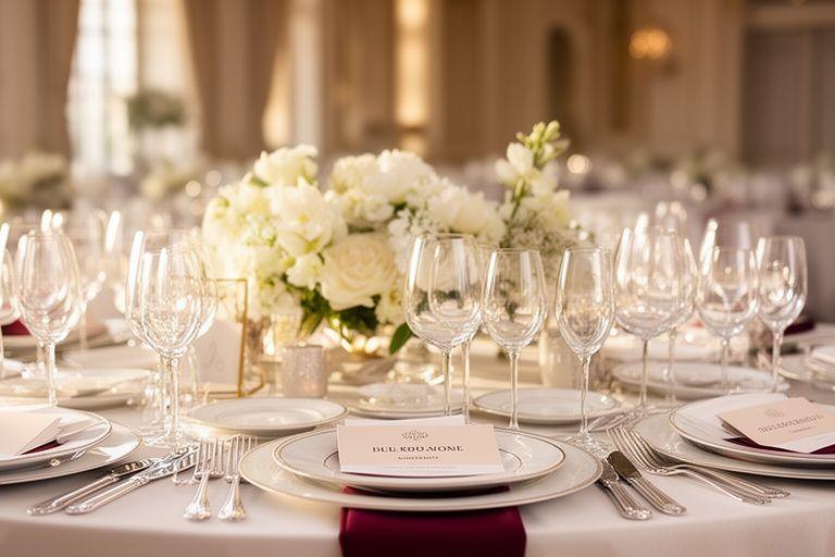 Mesa de boda elegante con platos refinados, flores blancas y copas de cristal