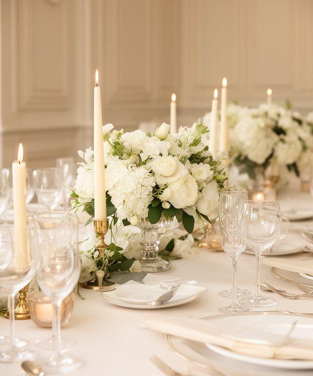 Decoración clásica de boda con velas y flores blancas