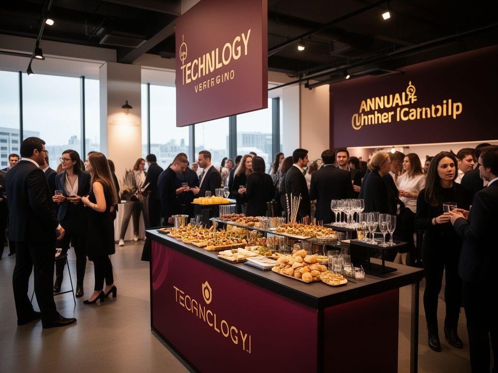 Evento anual de lanzamiento de producto para una startup tecnológica con estación de cóctel moderna y ambiente corporativo