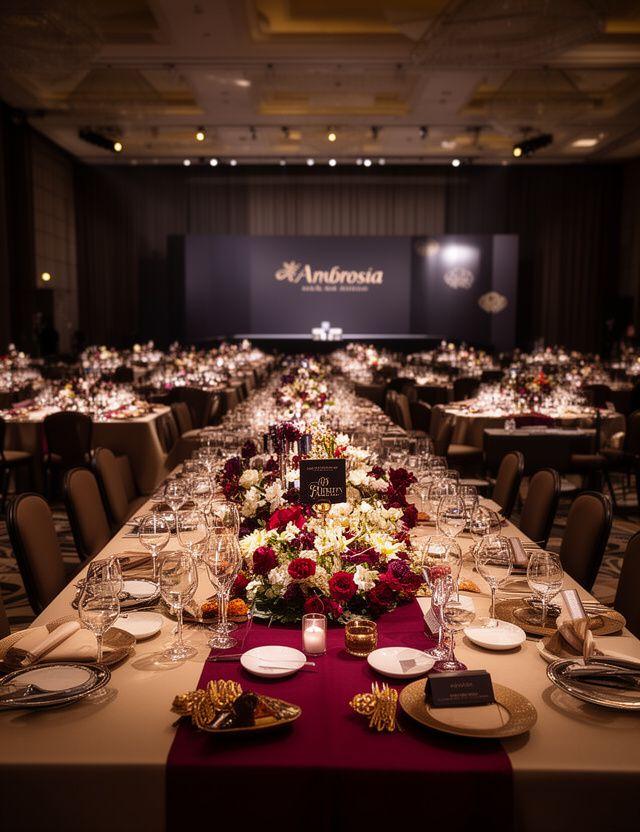 Cena corporativa de gala con branding discreto, iluminación cálida y mesas perfectamente alineadas