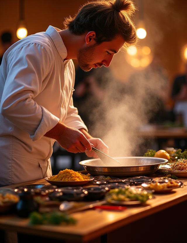 Experiencia temática de showcooking con chef interactuando con los invitados
