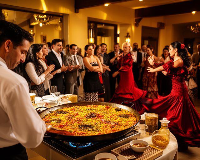 Showcooking de paella española con ambiente flamenco, luces cálidas y mesa de invitados