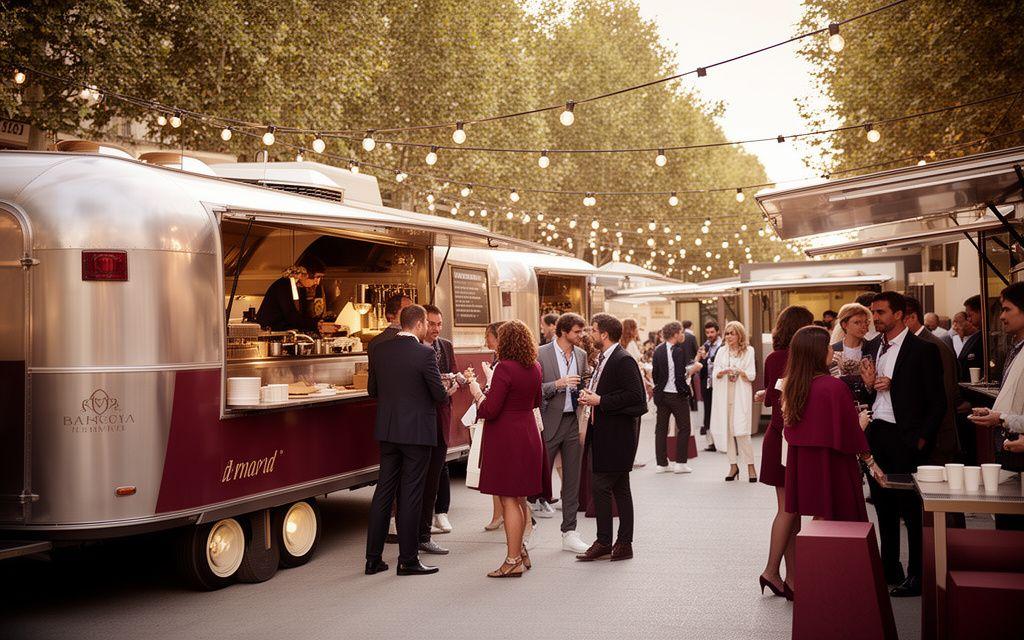 Food trucks gourmet en un evento informal con presentación sofisticada y ambiente social