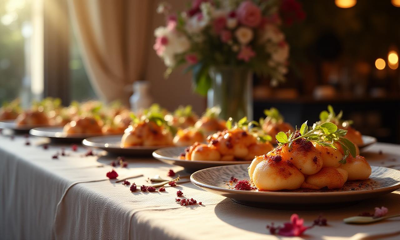 Mesa de catering elegante con platos variados y presentación refinada de menús personalizados