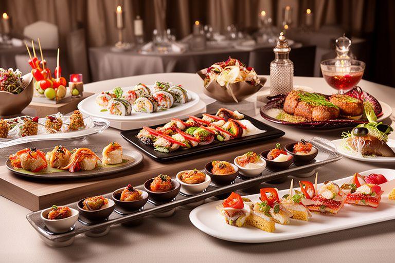 Propuesta internacional con fusión asiática, cocina italiana y especialidades latinas servidas en un evento elegante