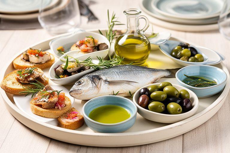 Selección mediterránea de tapas, pescados frescos y aceite de oliva virgen extra en una presentación sofisticada