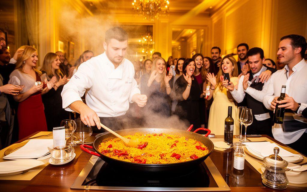 Showcooking de paella en vivo con chef preparando una estación temática para eventos