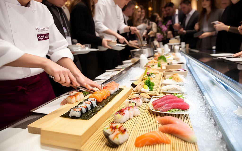 Barra de sushi interactiva con piezas frescas preparadas frente a los invitados