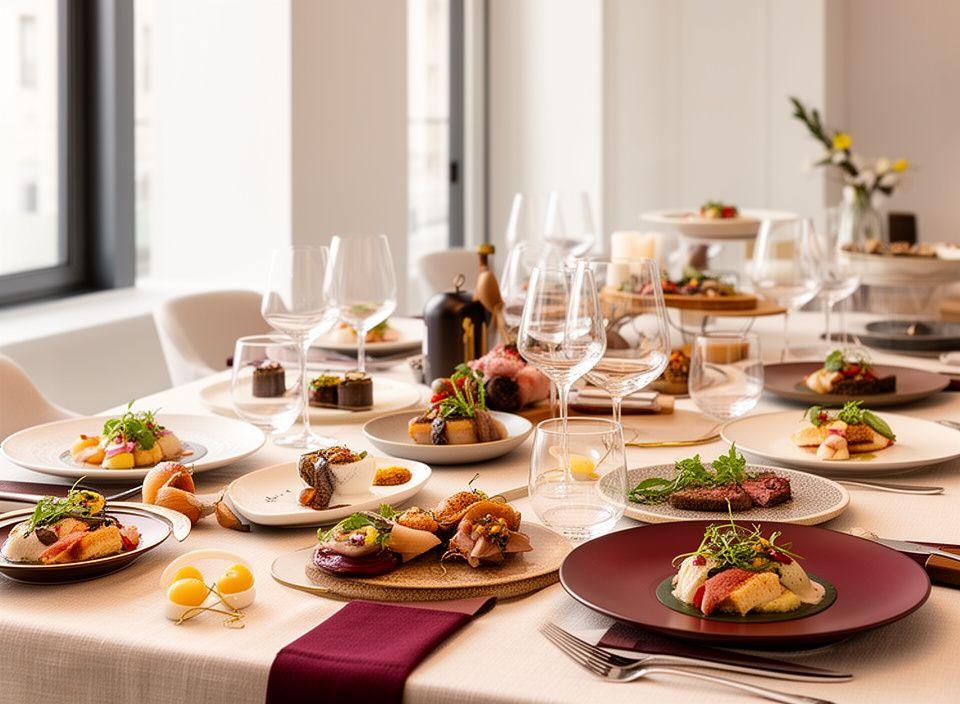 Mesa de catering corporativo elegante con estaciones gastronómicas modernas en una oficina luminosa